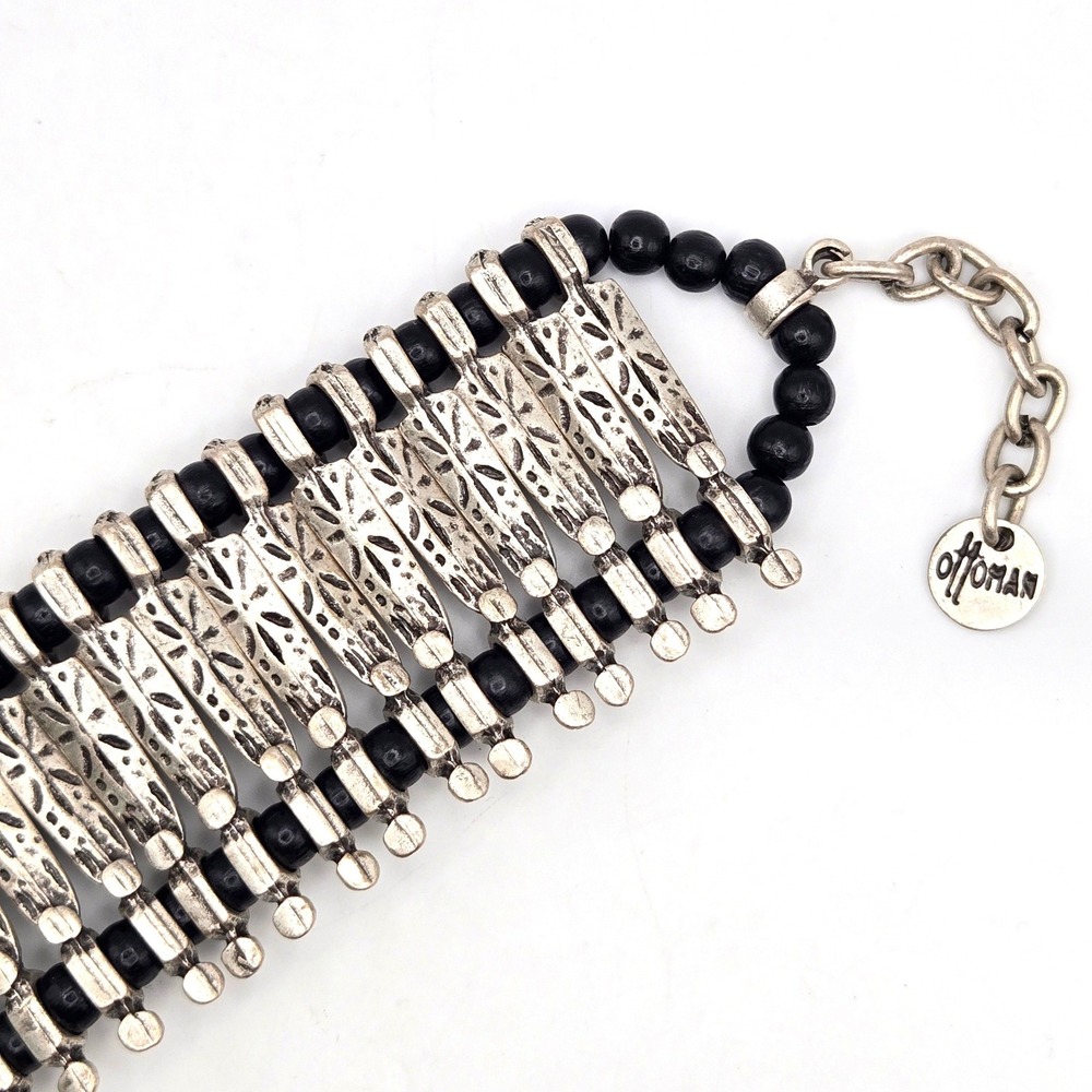 Ottoman Silver Tone Black Bead Wide Stamped Panel Cuff‎ Bracelet Adjustable